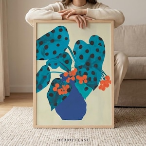 Cobalt Blue Begonia Vase Art Print, Spotted Leaves Botanical Wall Art (Digital Download)