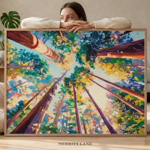 Lámina artística "Sequoia Canopy", póster con pintura de árboles del bosque a color (descarga digital)