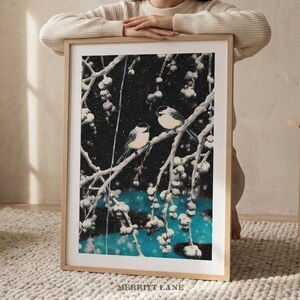 Può includere: Una stampa artistica incorniciata con due piccoli uccelli appollaiati su rami innevati contro un cielo scuro e stellato. L'opera d'arte presenta un elemento acquatico turchese nella parte inferiore e il testo "MERRITT LANE".