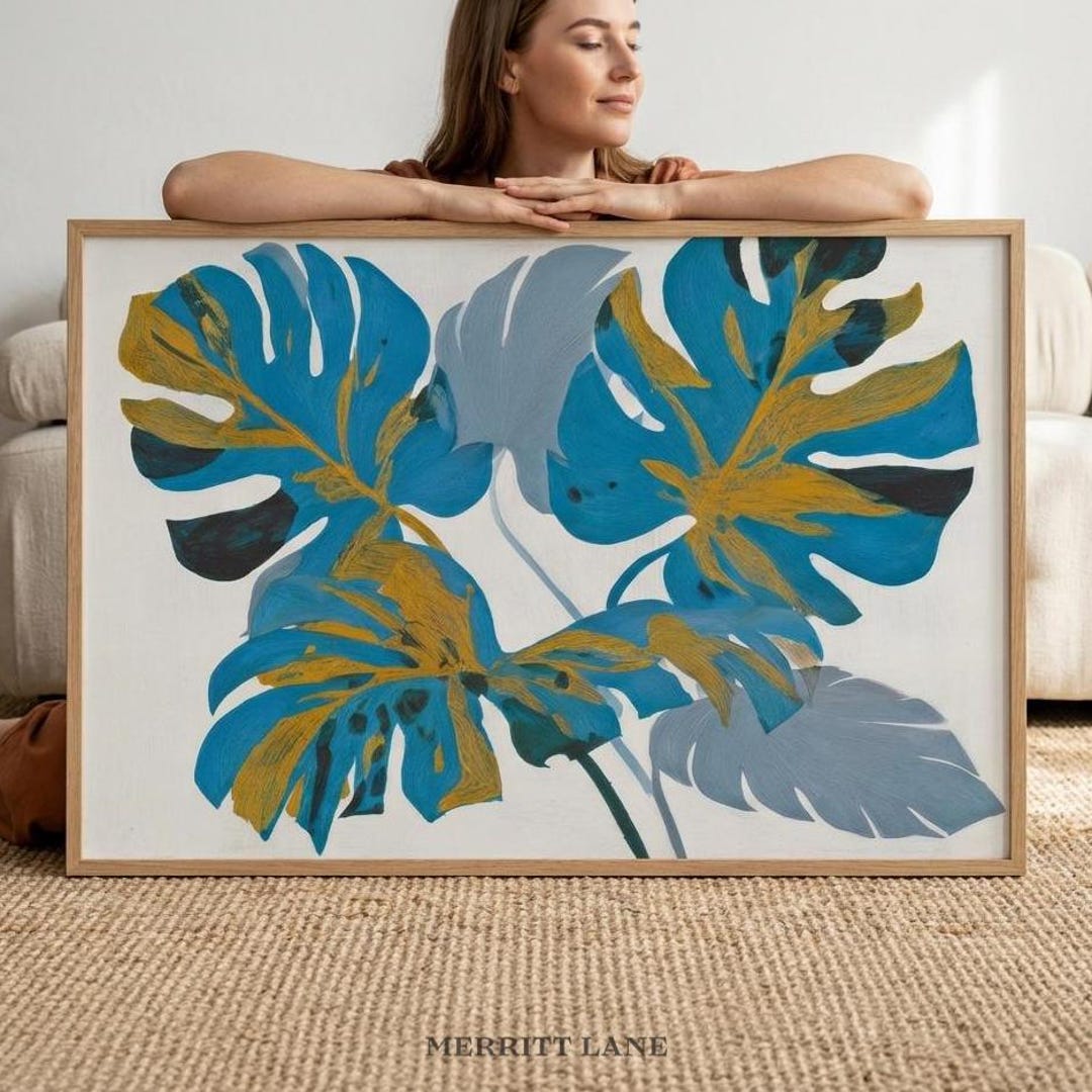 Monstera Leaf Wall Art Printable, Teal Blue Botanical Art Print Digital ...