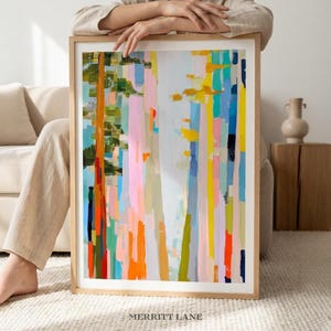 Lámina abstracta colorida con estampado de bosque, arte mural de ambiente boscoso (descarga digital)