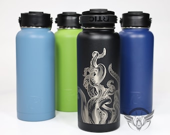 32oz - Kraken Graphics laser engraved  on a RTIC bottle with leak proof cap -  Tentacles engraved bottle - personalized water bottle