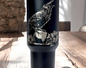 Raven & Skull Engraved Stanley Tumbler - Gothic 40oz Quencher