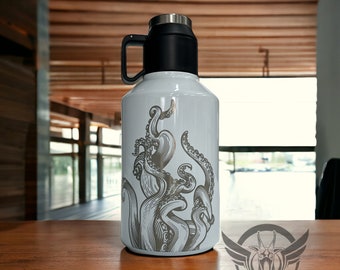 64oz - Laser Engraved Kraken graphics on a Reduce Brand growler with Dual Opening Flip Lid Doubles as a Drinking Cup - Craft Growler