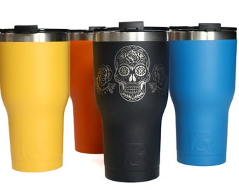 30oz-Laser engraved Sugar skull, Day of the Dead, Dia de los Muertos on a 30oz RTIC tumbler, Laser engraved, personalizable gifts