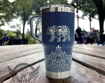 20oz tumbler with handle-Laser engraved Mama Bear Mandala Graphic on a stainless steel coffee mugs. Camping style, coffee cup, mom gifts