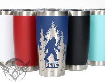 20oz - Laser Engraved Sasquatch in Trees with name graphic on a 20oz stainless steel double walled tumbler - Personalized Bigfoot tumbler