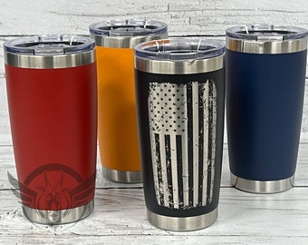 American Flag  - personalized -  laser engraved powder coated 20oz tumbler - Distressed American Flag tumbler