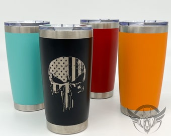 200z - American Flag Punisher graphic  laser engraved on a 20 oz Tumbler, available in multiple colors, comes with mag slide lid.