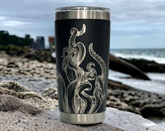 20oz - Laser engraved Kraken Tentacles Art on a 20oz tumbler includes a mag slide lid.  Add a name, text or initials. Great for gifts.