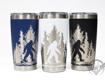 20oz - Laser engraved Sasquatch in the trees graphic on a 20oz stainless steel double walled tumbler  -  Personalized Bigfoot tumbler -