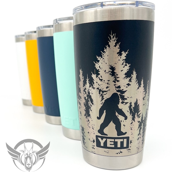 20 oz-Laser engraved Sasquatch in the trees graphic on a 20oz yeti brand tumbler -  Personalized Bigfoot tumbler - woodbooger tumbler