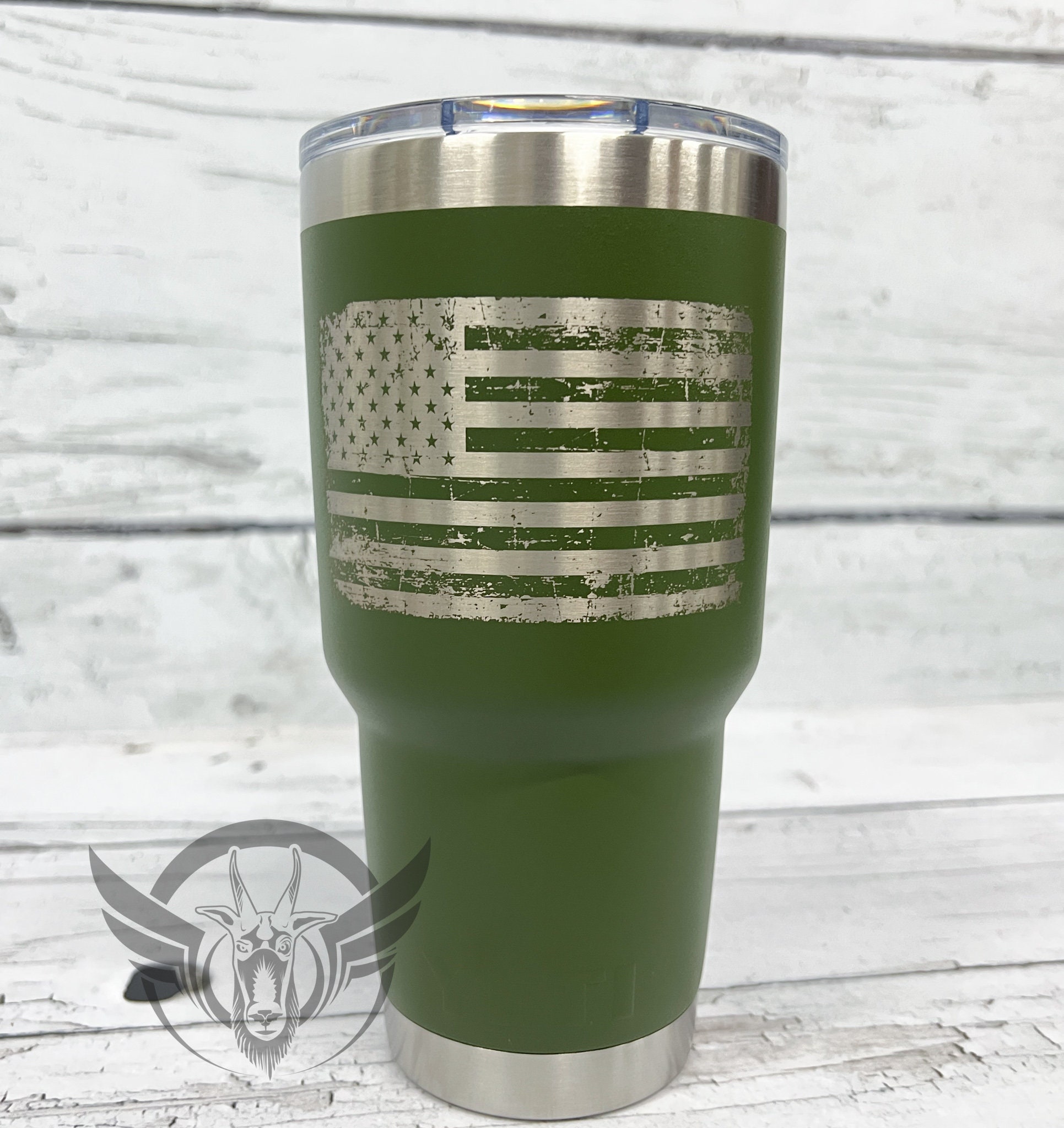 Distressed American flag laser etched on 30 oz Yeti tumblers. YETI