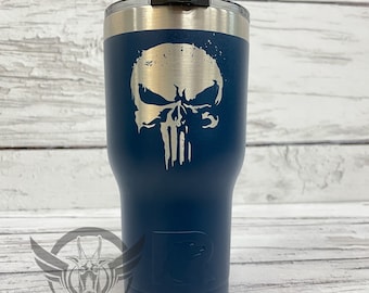 Punisher skull 20 oz laser engraved powder coated tumbler. RTIC Tumbler, gifts for him gifts for her, Christmas gifts
