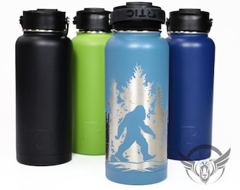 32oz - Laser Engraved Sasquatch in Trees graphics on a RTIC bottle with leak proof cap - Personalized bigfoot water bottle