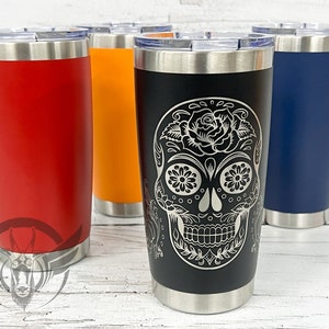 20 oz  Day of the Dead Sugar Skull, Custom engraved Día de los Muertos Rose skull  - Laser Engraved Rose Skull - personalized  tumbler