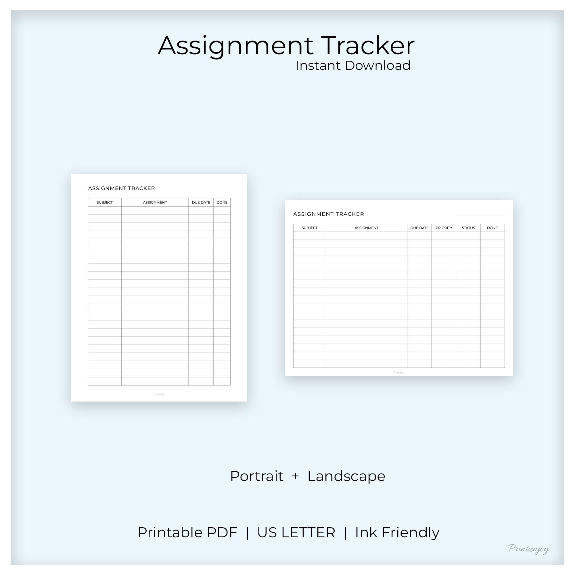 Assignment Tracker Printable US Letter | Student Planner PDF | Portrait ...