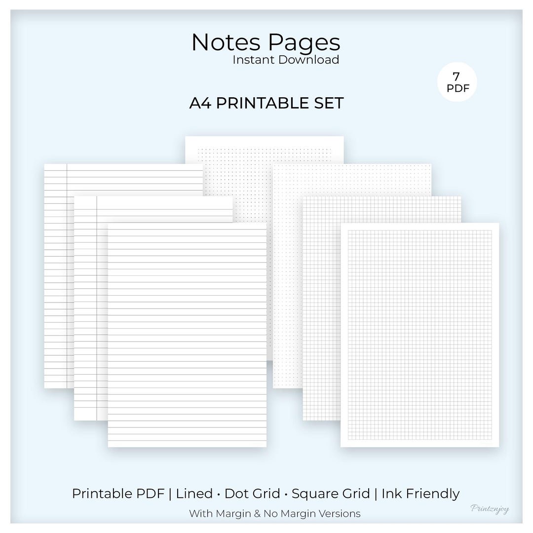 A4 Printable Notes Pages | Lined Dot Grid Graph | With & Without Margin ...