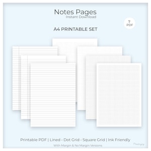 Puede incluir: Un conjunto de páginas de notas A4 imprimibles en blanco con varios estilos de cuadrícula, incluyendo rayado, punteado y cuadriculado. El texto de la imagen dice "Notes Pages, Instant Download, A4 Printable Set". El conjunto incluye 7 archivos PDF.