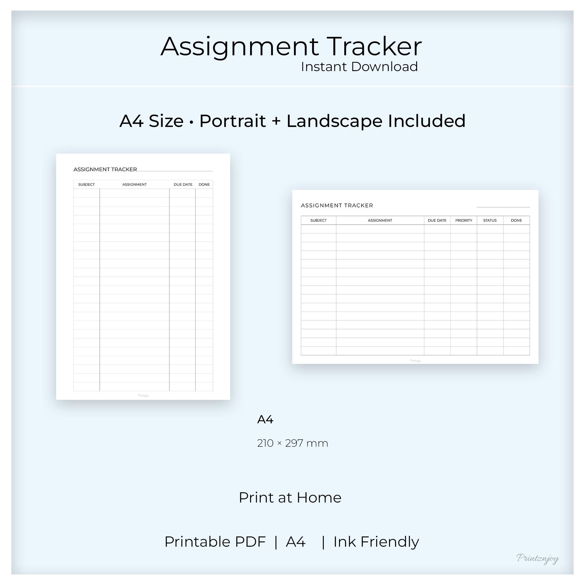 Assignment Tracker Printable A4 | Student Planner PDF | Portrait ...
