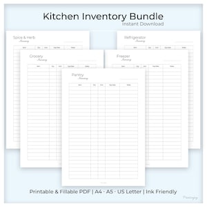 Pode incluir: Um conjunto de inventário de cozinha digital com cinco folhas imprimíveis rotuladas como Spice & Herb, Refrigerator, Grocery, Freezer e Pantry Inventory. Cada página branca inclui colunas para Item, Qty, Unit, Exp Date e Notes em preto.