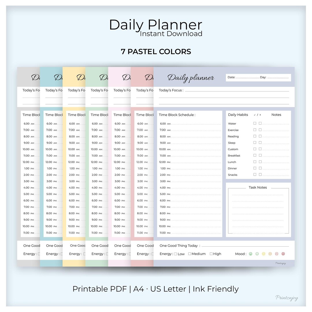 Pastel Daily Planner Printable | Minimal Time Blocking, Mood Tracker ...