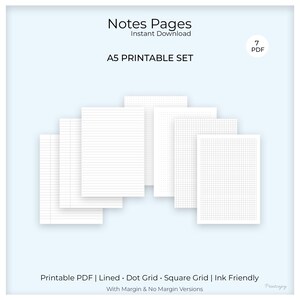 A5 Printable Notes Pages | Lined Dot Grid Graph | With & Without Margin | Minimal PDF