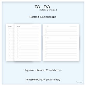 Może przedstawiać: Cyfrowa, drukowana lista rzeczy do zrobienia z kwadratowymi i okrągłymi polami wyboru. Projekt zawiera układy pionowe i poziome. Tekst na obrazie brzmi "TO-DO", "Instant Download", "Portrait & Landscape", "Square + Round Checkboxes" i "Printable PDF | A4 | Ink Friendly".