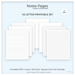Puede incluir: Un conjunto de páginas de papel imprimibles blancas con varios estilos de cuadrícula, incluyendo rayado, punteado y cuadriculado. El texto en la imagen dice "Notes Pages" y "US LETTER PRINTABLE SET". La imagen también incluye el texto "Printable PDF | Lined • Dot Grid • Square Grid | Ink Friendly".
