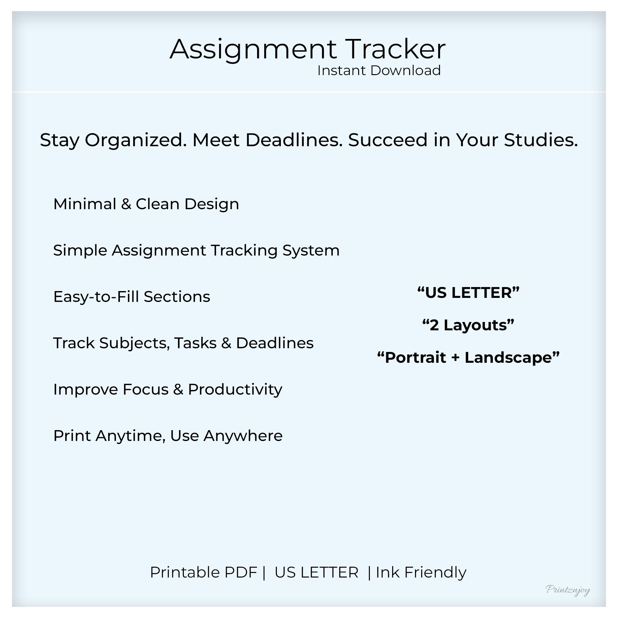 Assignment Tracker Printable US Letter | Student Planner PDF | Portrait ...