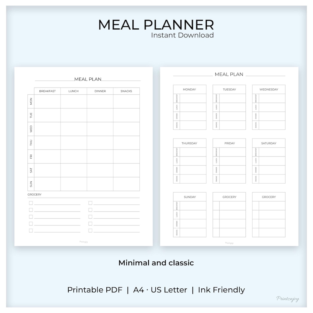 Weekly Meal Plan Printable | Grocery List Organizer | Minimal Classic ...