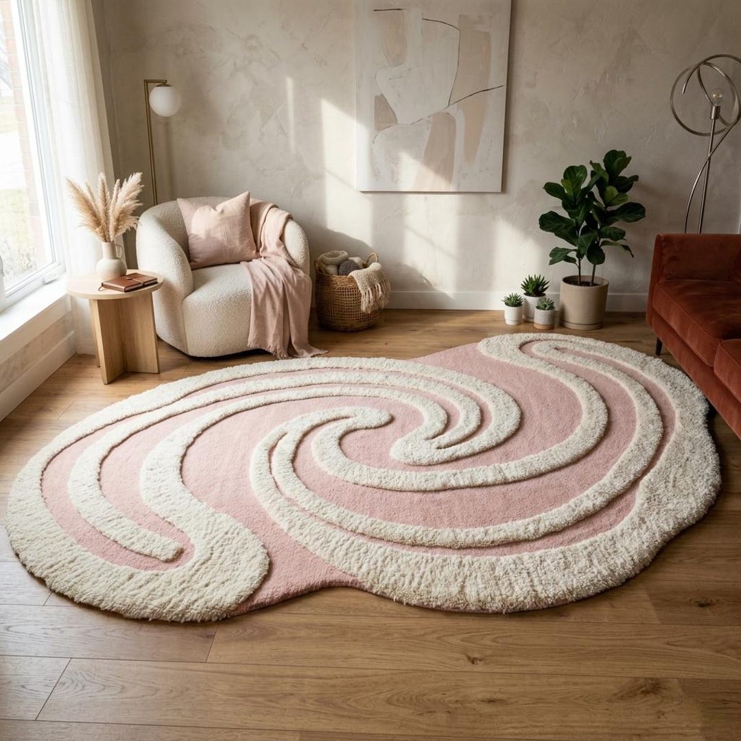 Pink Abstract Hand Tufted Wool Rug, Irregular Shaped Area Rug ...