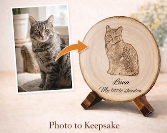 Personalized Cat Portrait on Wood Slice, Custom Photo Engraving Gift, Laser Engraved Pet Keepsake