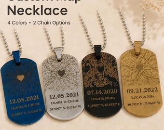 Personalized City Map Dog Tag Necklace, Custom Coordinates Pendant, Engraved Location Gift for Couples, Anniversary Travel Keepsake