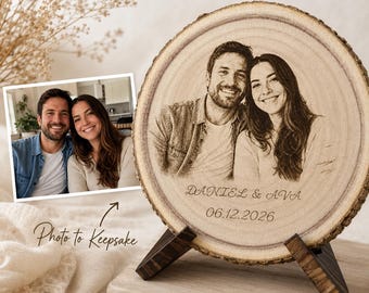 Personalized Couple Photo on Wood Slice, Custom Engraved Anniversary Gift, Rustic Wedding Keepsake