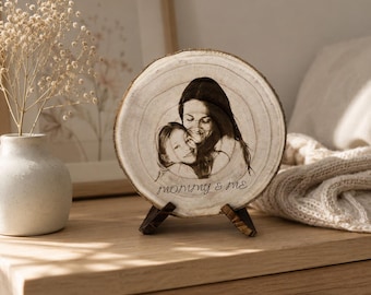 Personalized Mommy and Me Photo on Wood Slice, Custom Engraved Mom Gift, Mother Daughter Keepsake