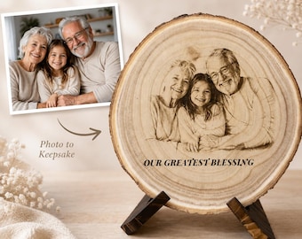 Personalized Family Photo on Wood Slice, Custom Engraved Grandparents Gift, Photo on Wood Keepsake