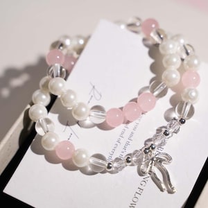 Handmade Pearl Pink White Agate Double Layer Bracelet, Bow Charm Stackable Jewelry