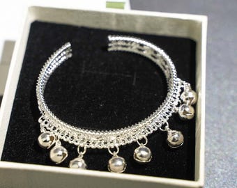 Handmade Silver Plated Filigree Bell Bracelet, Chinese Vintage Ethnic Boho Bangle
