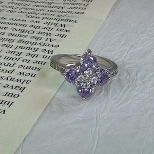 Lavender Clover Ring, Adjustable Purple Zircon Ring, Lucky Flower Open Ring, Gift for Her