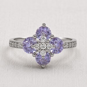 Purple Flower Ring, Dainty Adjustable Ring, Sparkling Lavender Zircon Jewelry, Birthday Gift