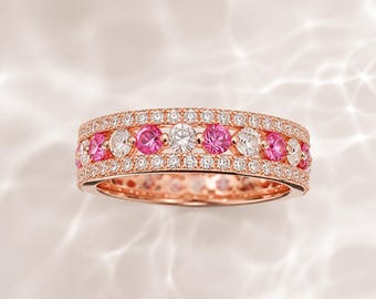 Rose Gold Pink Stone Ring, Eternity Band Ring, Promise Ring for Women, Birthday Gift, Anniversary Jewelry