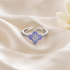 Lavender Clover Ring, Adjustable Purple Zircon Ring, Lucky Flower Open Ring, Gift for Her