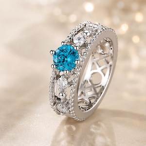 S925 Sterling Silver Aquamarine Firework Cut Ring, Blue Zircon Engagement Ring, Statement Cocktail Ring, Anniversary Gift for Her