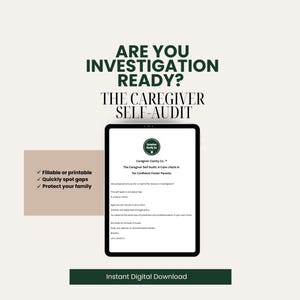 Puede incluir: Anuncio de descarga digital con el texto "¿ESTÁS PREPARADO PARA LA INVESTIGACIÓN? LA AUTO-AUDITORÍA DEL CUIDADOR." Una tableta muestra la auditoría, con viñetas: "Rellenable o imprimible, Detecta rápidamente las lagunas, Protege a tu familia."