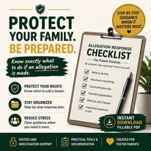 May include: A checklist for foster parents, titled "Allegation Response Checklist," with a pen and a download button. The text reads "Protect Your Family. Be Prepared." and offers step-by-step guidance. The checklist includes topics like "What to do first" and "Document everything."