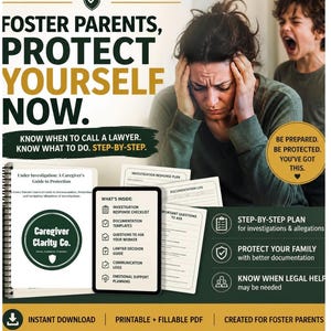 Può includere: Annuncio pubblicitario per genitori affidatari con il testo "FOSTER PARENTS, PROTECT YOURSELF NOW." L'immagine mostra una donna angosciata e un bambino che urla, insieme a documenti e un tablet. L'annuncio promuove supporto legale ed emotivo.