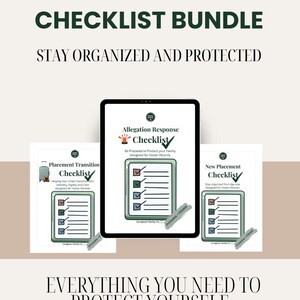 Può includere: Un pacchetto di prodotti digitali con il testo "FOSTER CARE CHECKLIST BUNDLE" e "STAY ORGANIZED AND PROTECTED". L'immagine mostra tre liste di controllo su un tablet e due fogli. Le liste di controllo sono progettate per i genitori affidatari.