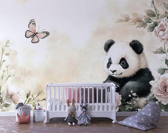 Self Adhesive Kids Wallpaper, Panda Wall Mural, Nursery Wall Decor, Peel and Stick Wallpaper, Floral Animal Baby Room Decor