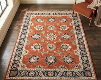 Handgeknoopt Oushak-wollen vloerkleed – gedempt terracotta tapijt met bloemen 8 x 10